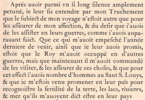 Extrait des récits de Champlain racontant ses dialogues à l'aide de son truchement